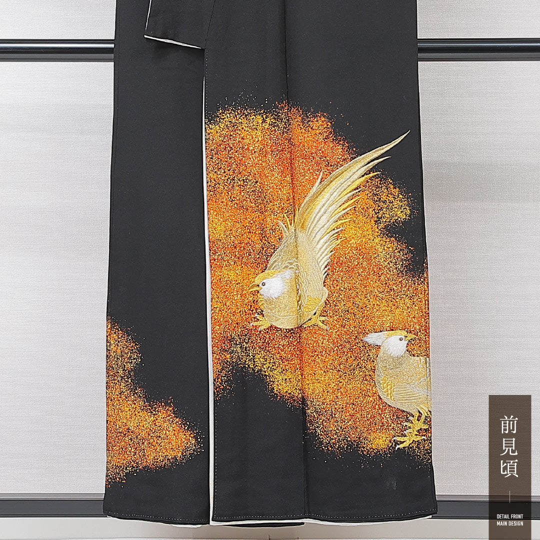 黒留袖 袷 身丈151cm 裄丈61cm 五つ紋 剣片喰 フォーマル Cランク Sサイズ 正絹 比翼仕立て 広衿 鳥 刺繍 1211-F0690