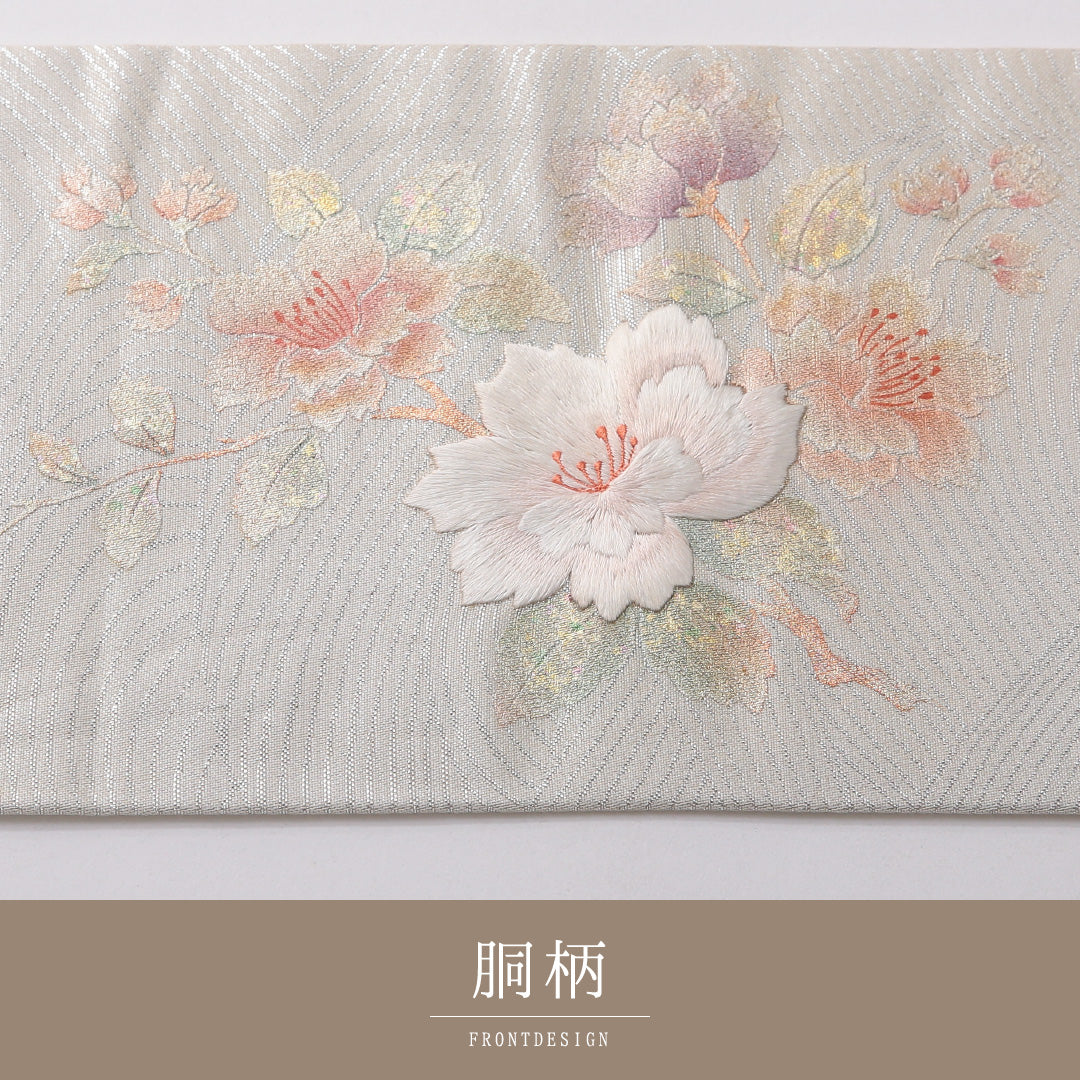 九寸名古屋帯 帯丈353cm セミフォーマル 名古屋仕立て ポイント柄 Aランク 正絹 相良刺繡 牡丹 銀系 1224-03503