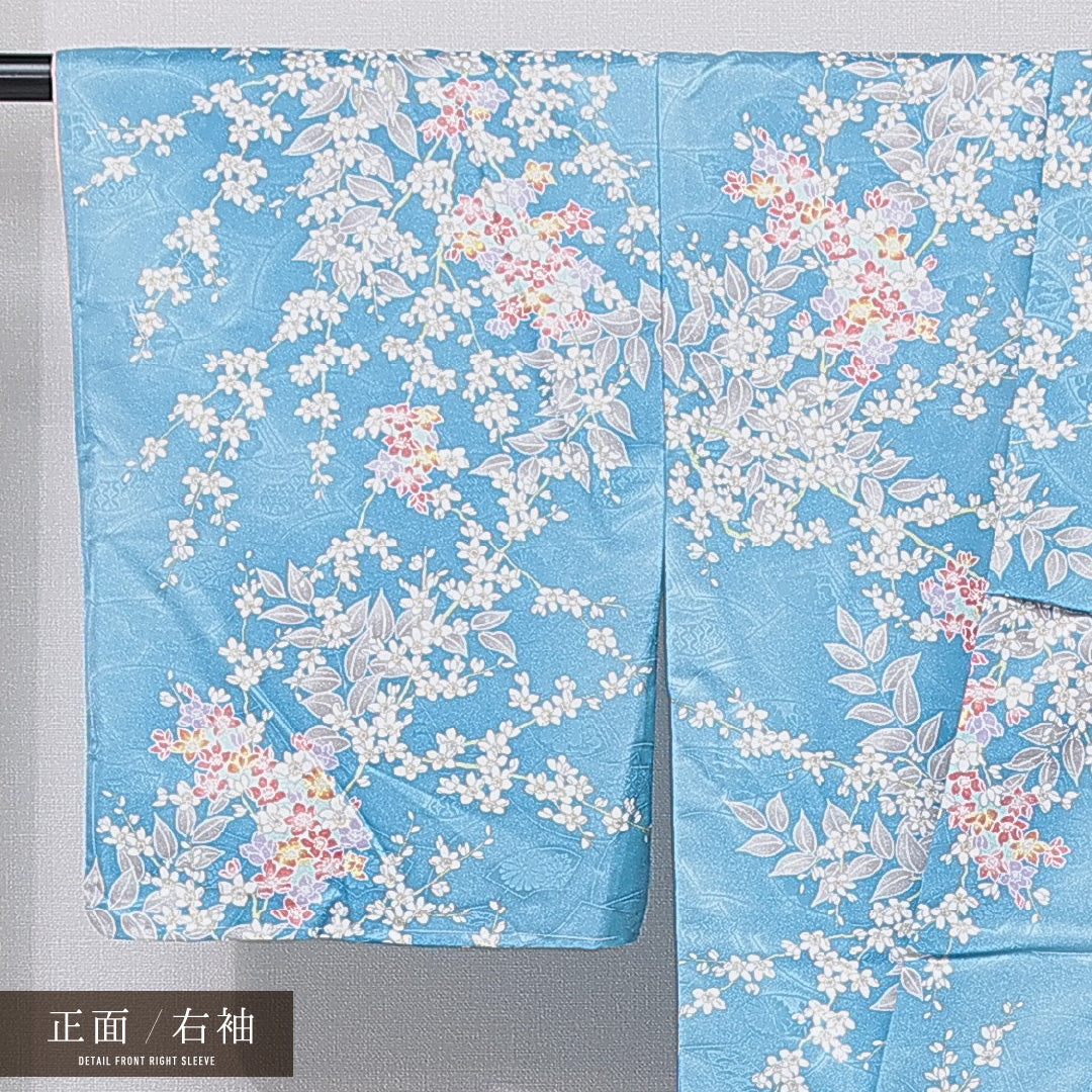 洗える着物 小紋 袷 身丈162cm 裄丈64cm ポリエステル Sランク インフォーマル 広衿 Lサイズ 桜 水色系 RP 1221-15833
