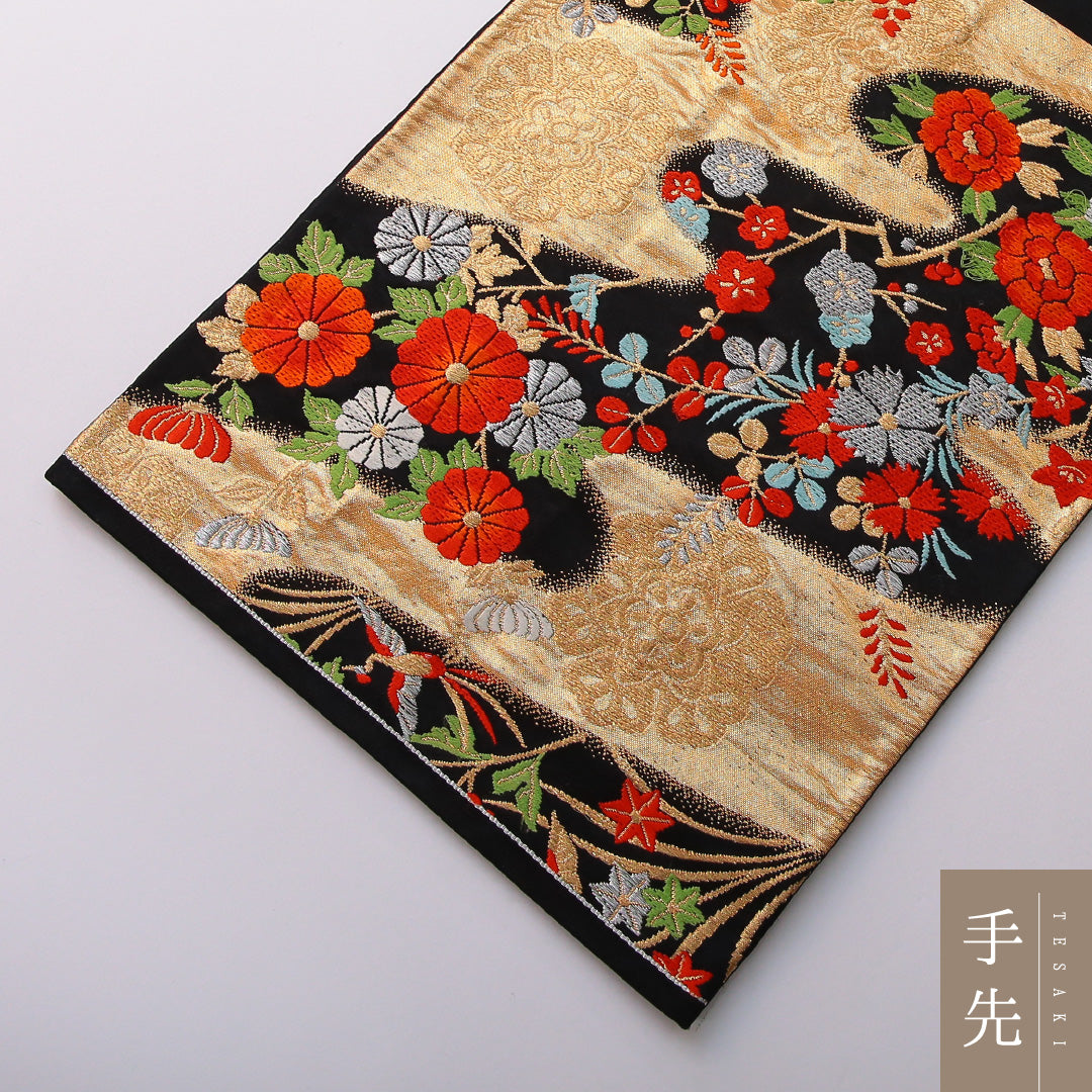 袋帯 帯丈414cm フォーマル 六通 Sランク 正絹 牡丹 桐 黒系 1223-01977