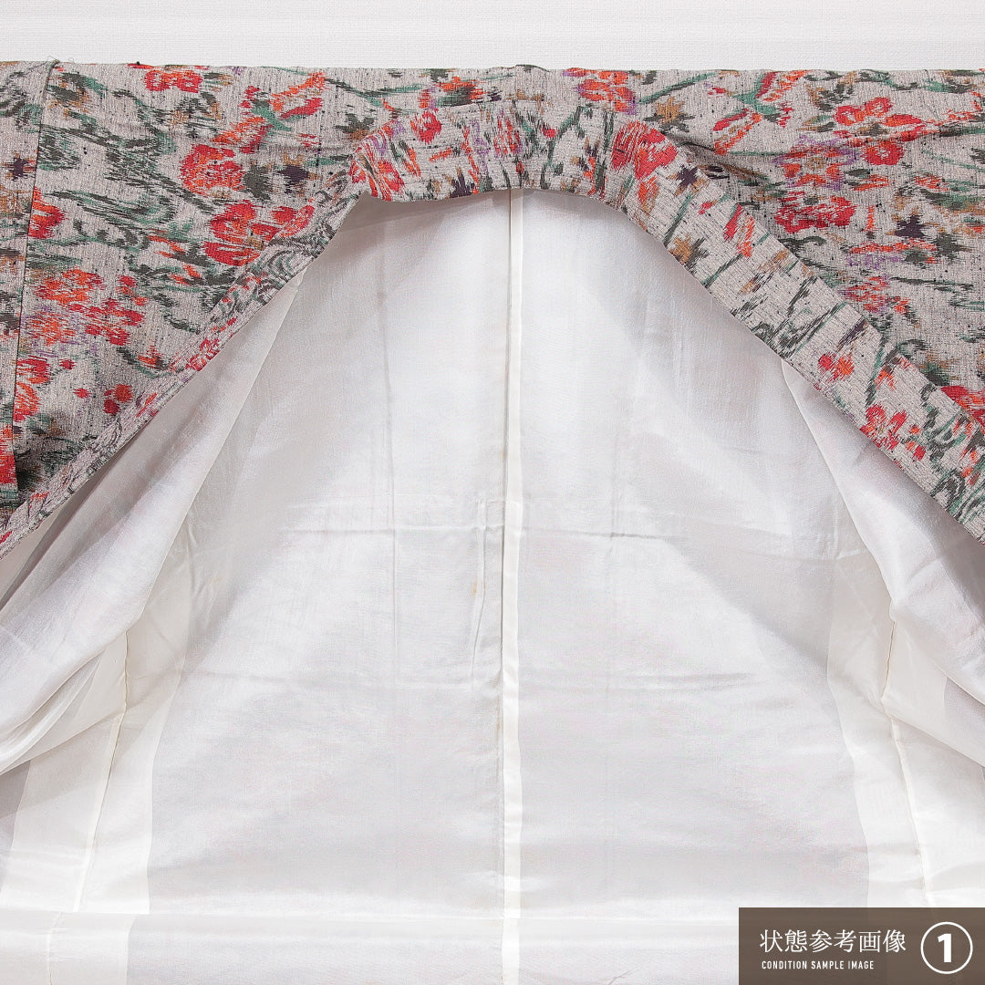 洗える着物 ウールの紬 袷 身丈156cm 裄丈63cm ウール Aランク カジュアル バチ衿 Mサイズ 花柄 グレー系 HP 1223-15112