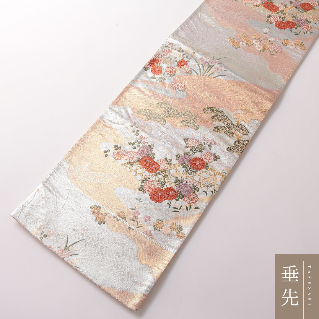 袋帯 帯丈440cm 正絹 六通 フォーマル 光悦垣 龍田川 銀系 1243-01844