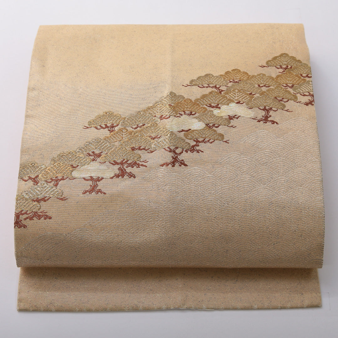 九寸名古屋帯 帯丈365cm セミフォーマル 名古屋仕立て ポイント柄 Cランク 正絹 松 クリーム系 1224-03644