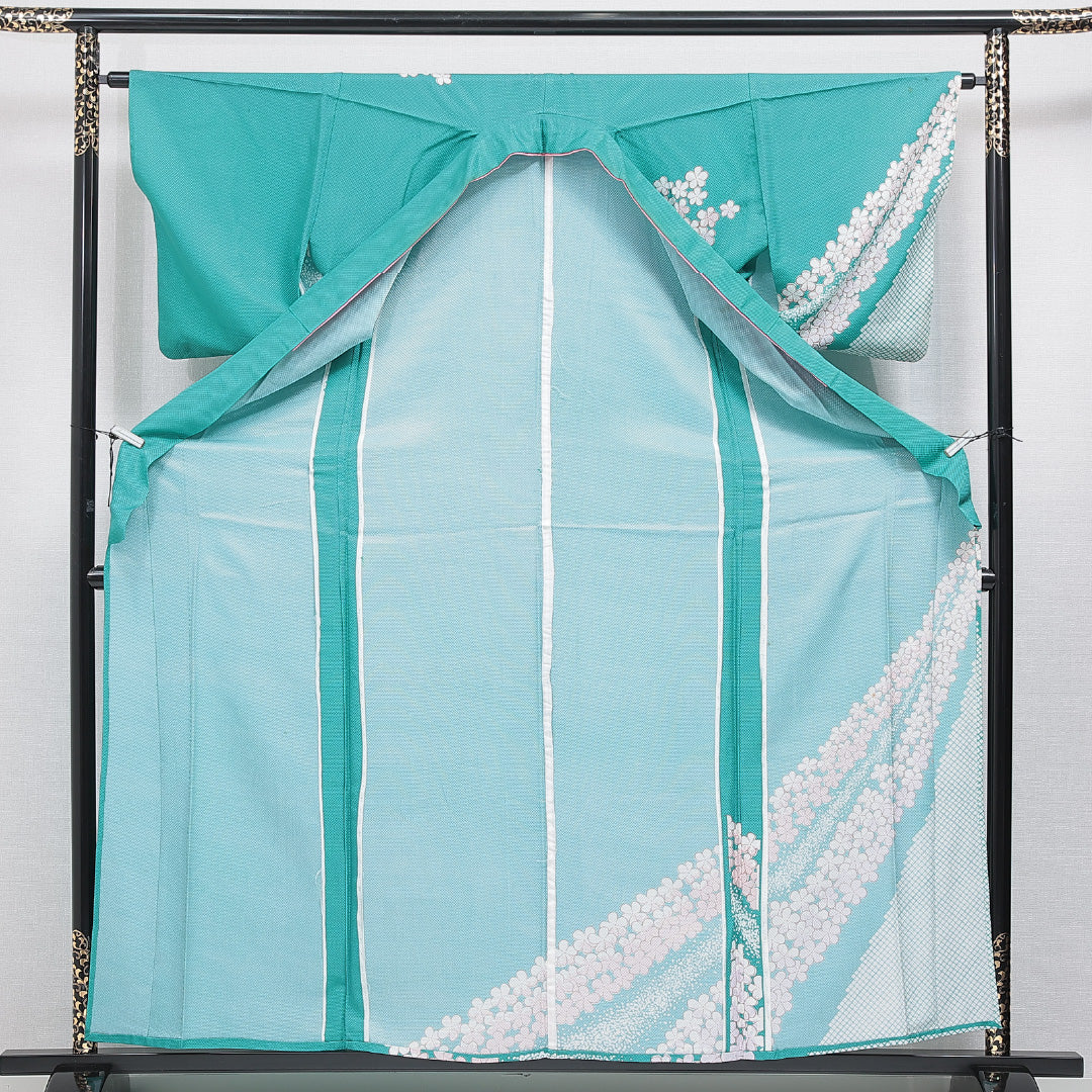 付下げ 洗える着物 単衣 身丈160cm 裄丈63cm ポリエステル Cランク Lサイズ バチ衿 インフォーマル 花柄 緑系 青系 1261-16300