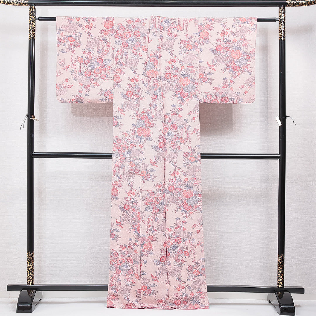 小紋 袷 身丈163cm 裄丈62cm 正絹 Sランク インフォーマル バチ衿 Lサイズ 扇 梅 ピンク系 RP 1221-15553