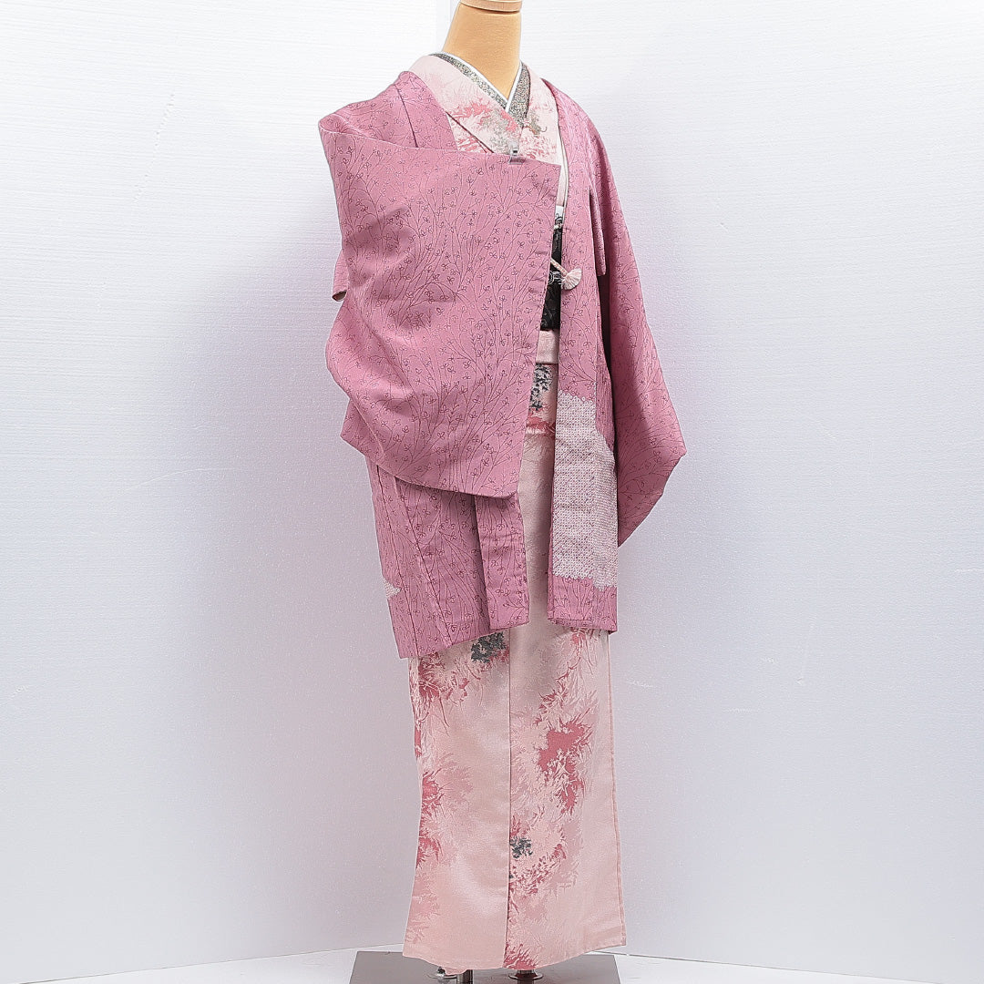 絵羽羽織 袷 身丈87cm 裄丈64cm 正絹 Bランク インフォーマル Mサイズ 紐あり 創作柄 ピンク系 RP 1234-16164
