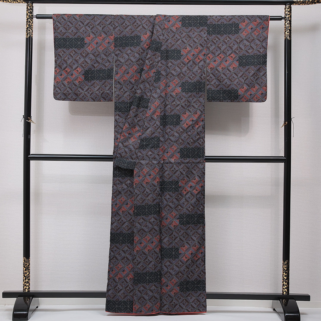 小紋 洗える着物 袷 身丈159cm 裄丈64cm ポリエステル Sランク Mサイズ 広衿 インフォーマル 格子 多色系 1215-15486