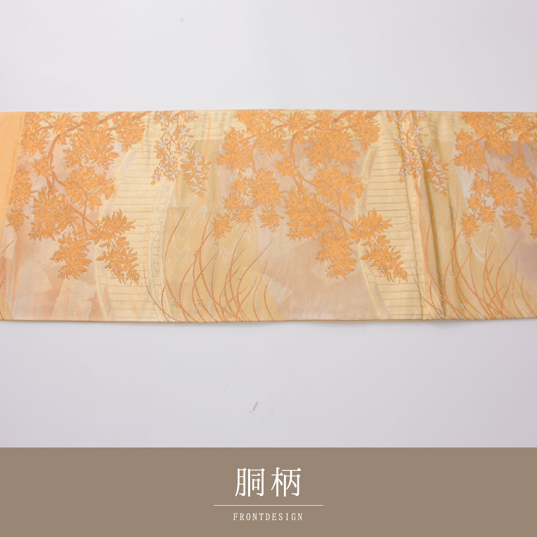 袋帯 帯丈428cm 正絹 六通 セミフォーマル 龍田川 金系 クリーム系 1243-02311
