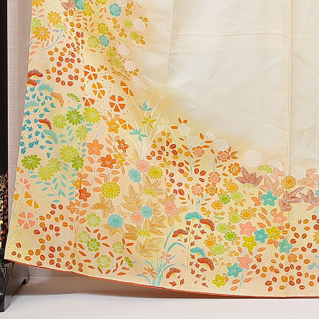 付下げ 袷 身丈166cm 裄丈66cm 正絹 Cランク XLサイズ 広衿 インフォーマル 花柄 クリーム系 1261-15655