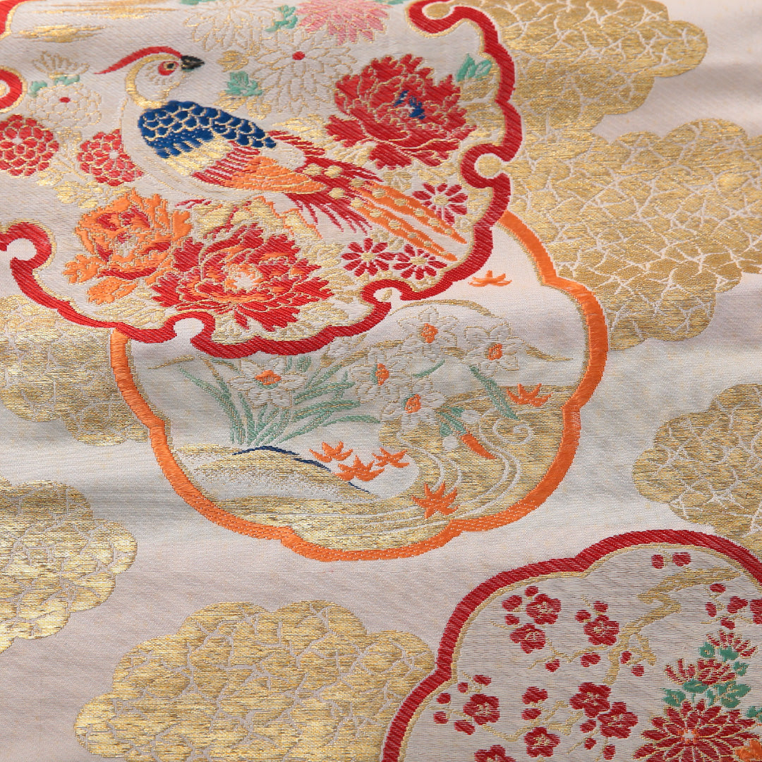 アンティーク 九寸名古屋帯 Cランク 帯丈344cm 正絹 六通 名古屋仕立て 織り 雪輪 クリーム系 RP 1245-03361