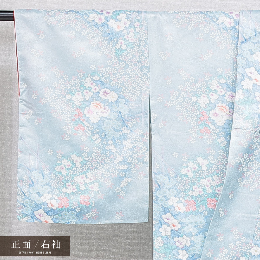 小紋 洗える着物 袷 身丈164cm 裄丈65cm ポリエステル Cランク Lサイズ 広衿 インフォーマル 花柄 水色系 1215-16255