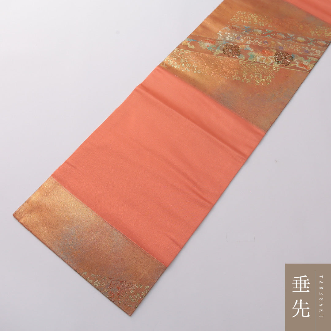 九寸名古屋帯 Sランク 帯丈340cm 正絹 ポイント柄 名古屋仕立て 織り セミフォーマル 唐草華文 朱系 M4 1245-03305