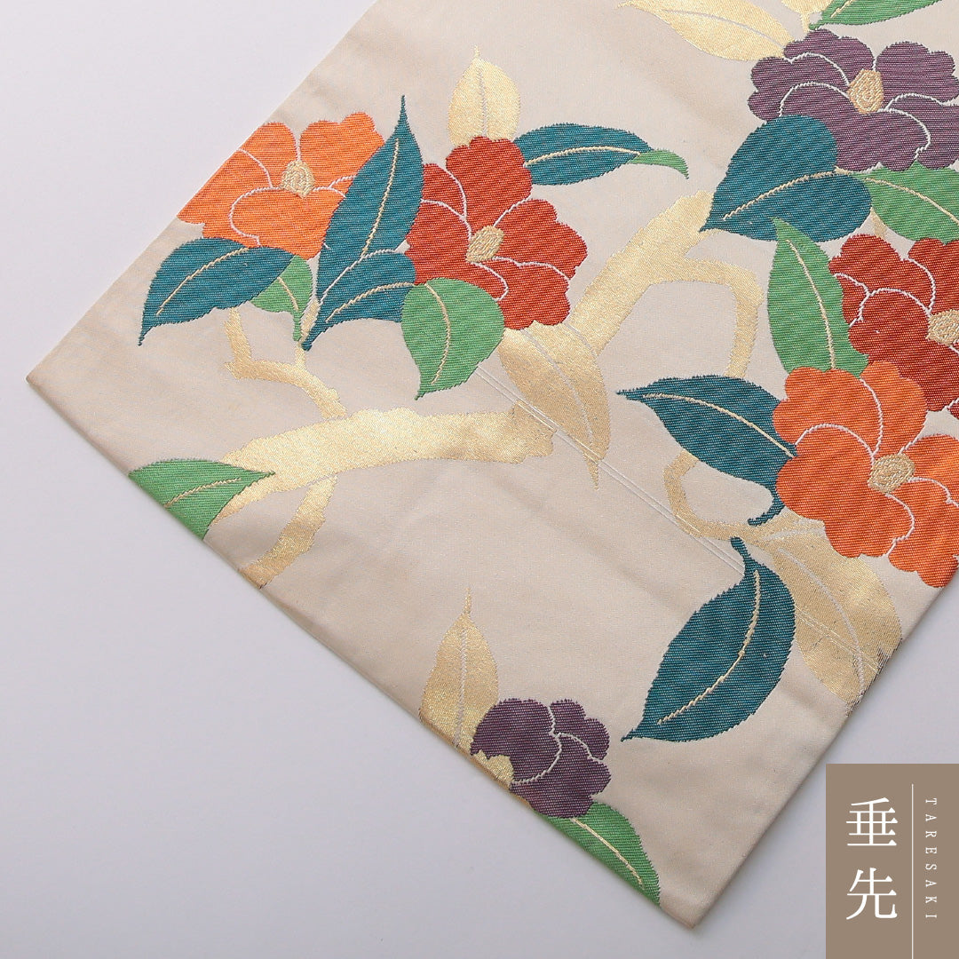 九寸名古屋帯 帯丈355cm カジュアル 名古屋仕立て 六通 Cランク 正絹 花柄 クリーム系 1224-03545