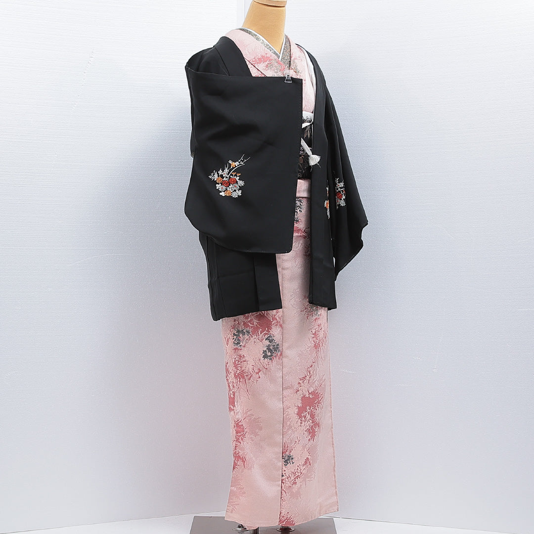 絵羽羽織 袷 身丈79cm 裄丈63cm 正絹 Aランク Sサイズ インフォーマル 紐あり 菊 黒羽織 刺繍 黒系 1217-16153