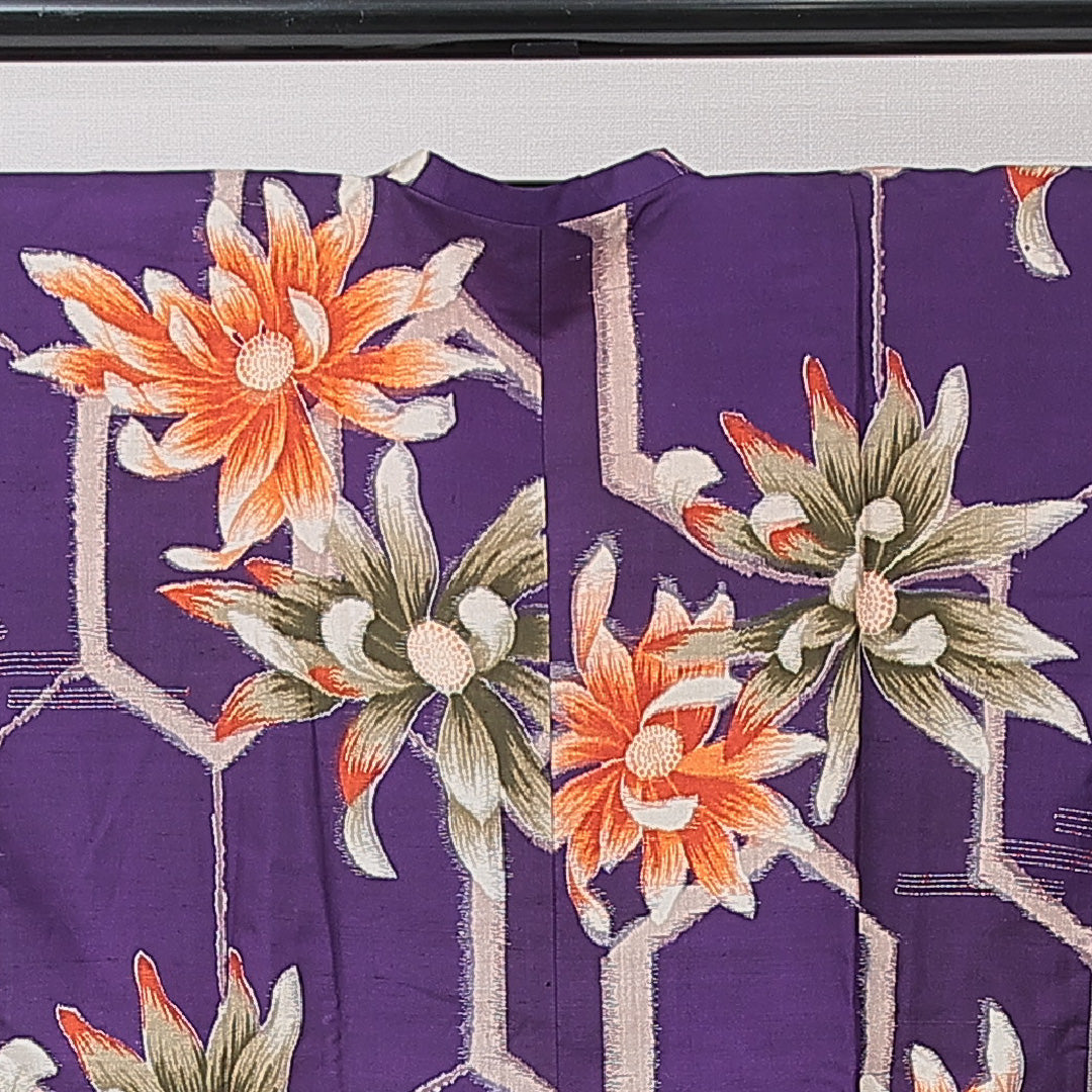 アンティーク 道行コート(銘仙) 袷 身丈86cm 裄丈64cm 正絹 Aランク Mサイズ 亀甲 花柄 青系 1263-15179