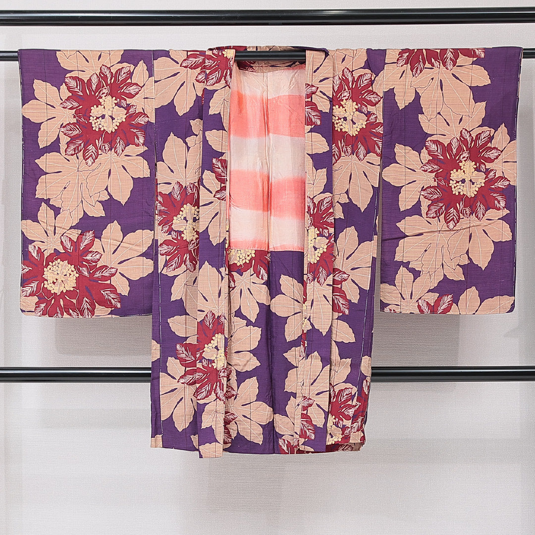 アンティーク 羽織(紬) 袷 身丈96cm 裄丈63cm 正絹 Aランク Sサイズ バチ衿 後染め 天狗の葉 緑系 1217-15180