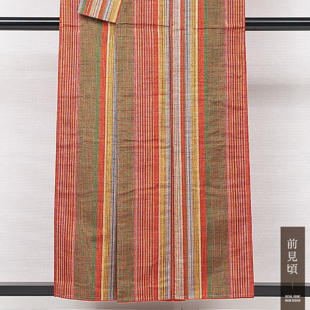 紬 袷 身丈154cm 裄丈62cm 正絹 Sランク カジュアル 広衿 Sサイズ 織り出し 縞 朱系 RP 1223-15024