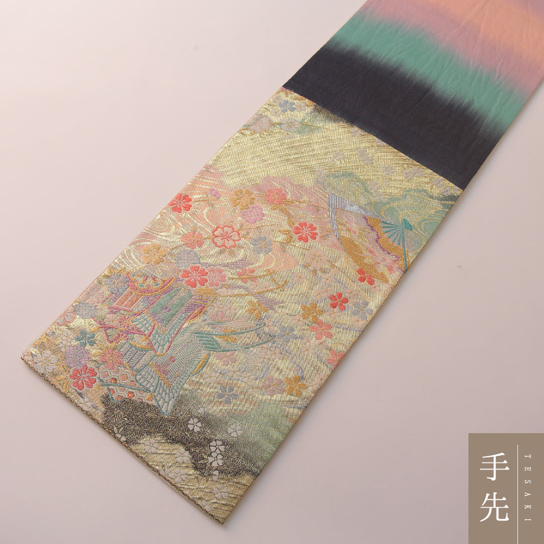袋帯 帯丈440cm フォーマル 六通 Sランク 正絹 花車 桜 金系 多色系 1223-01891