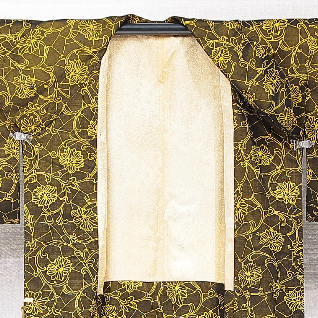 道中着 袷 身丈87cm 裄丈65cm 正絹 Dランク セミフォーマル バチ衿 Mサイズ 唐菊 黒系 HP 1236-15161