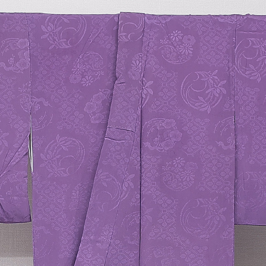アンティーク 色無地 袷 身丈153cm 裄丈61cm 正絹 Aランク Sサイズ バチ衿 蜀江 菊 紫系 1214-15663