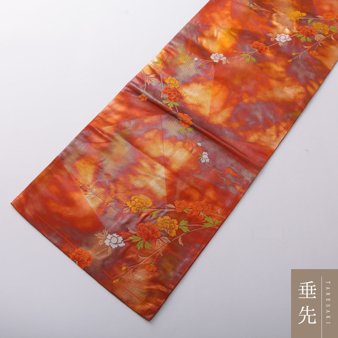 九寸名古屋帯 帯丈364cm インフォーマル 名古屋仕立て 六通 Dランク 正絹 牡丹 朱系 1224-03473