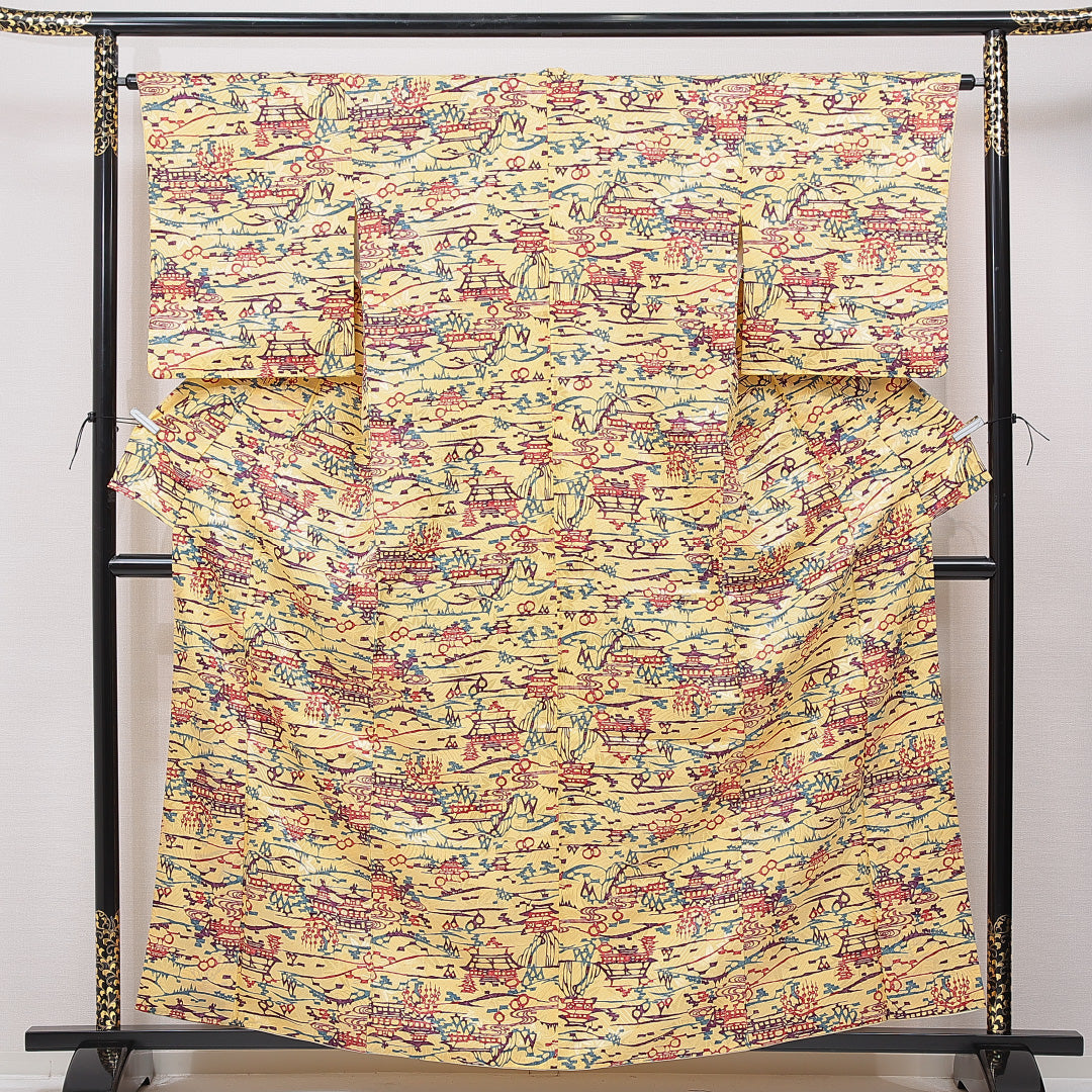 小紋 洗える着物 袷 身丈160cm 裄丈63cm ポリエステル Cランク Lサイズ 広衿 インフォーマル 楼閣 黄系 1215-15786