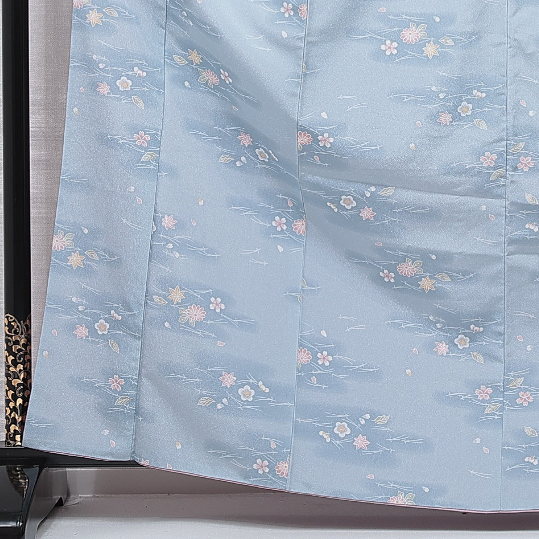 小紋 洗える着物 袷 身丈164cm 裄丈68cm ポリエステル Sランク Lサイズ 広衿 インフォーマル 梅 紅葉 水色系 1215-15796