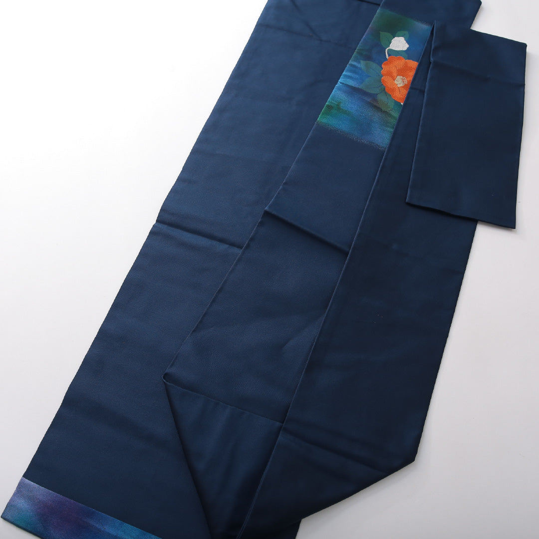 未使用品 九寸名古屋帯 帯丈361cm インフォーマル 名古屋仕立て ポイント柄 Sランク 正絹 綴れ織 椿 紺系 青系 1224-03818