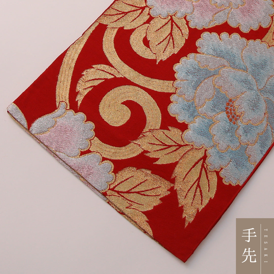 アンティーク 袋帯 帯丈424cm 六通 Aランク 正絹 唐草牡丹 赤系 金系 1223-01918