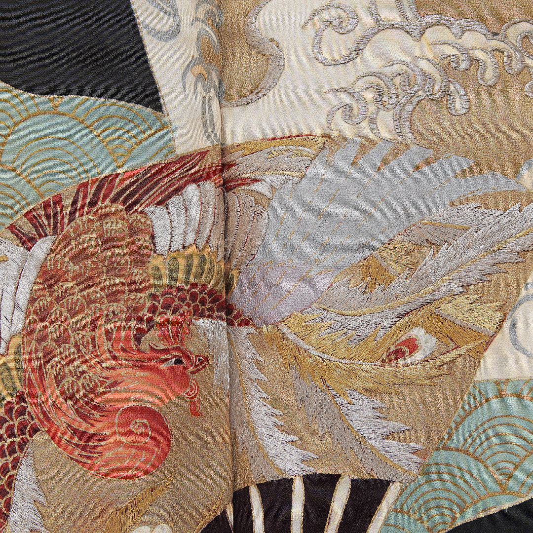 黒留袖 袷 身丈156cm 裄丈62cm 五つ紋 四ツ目菱 フォーマル Cランク Mサイズ 正絹 広衿 鳳凰 扇 刺繍 1211-F0741