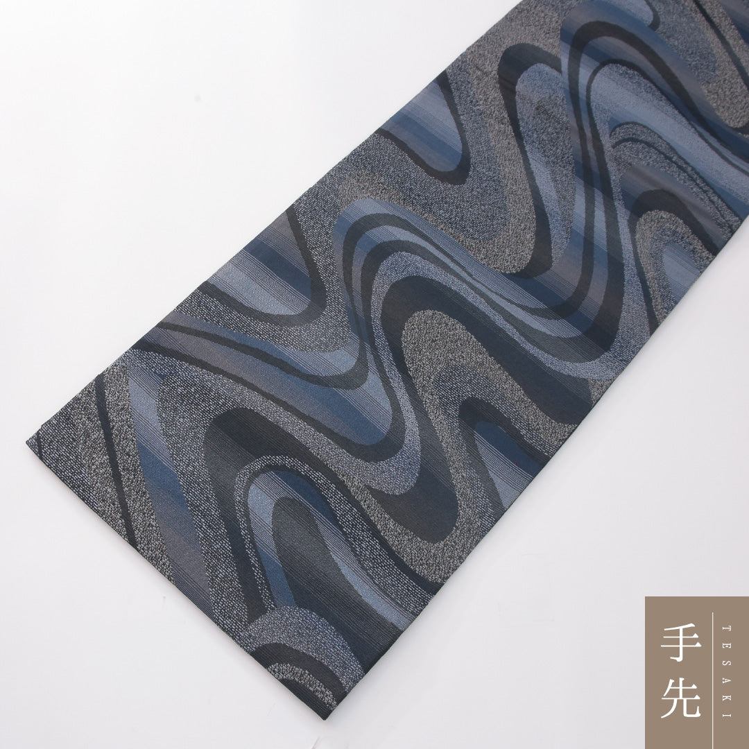 袋帯 帯丈434cm セミフォーマル 全通 帯芯なし Sランク 正絹 流水 藍染和紙織 青系 黒系 1223-02275