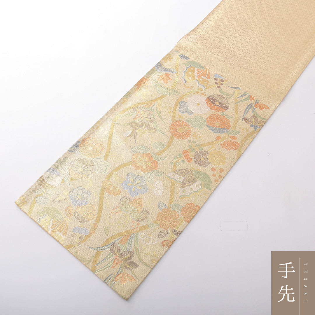 袋帯 帯丈436cm 正絹 六通 フォーマル 四季草花 立涌 桐 蝶 クリーム系 1243-02104