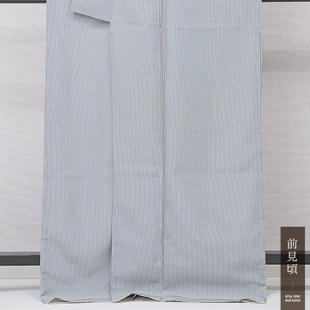 紬 洗える着物 袷 身丈168cm 裄丈67cm ポリエステル Cランク XLサイズ 広衿 カジュアル 縞 グレー系 1216-15193