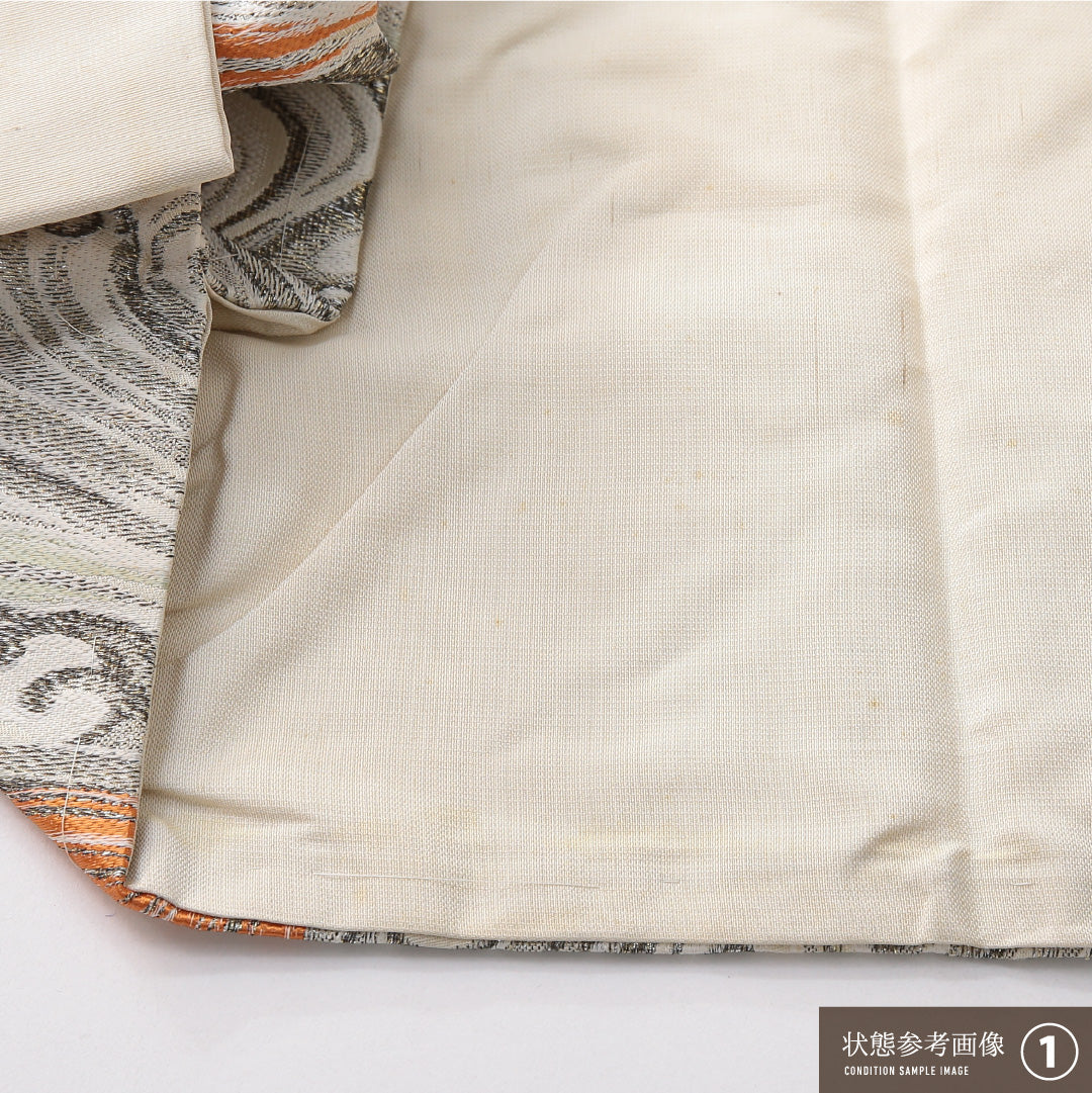 九寸名古屋帯 帯丈339cm カジュアル 名古屋仕立て 六通 Aランク 正絹 波 クリーム系 1224-03819