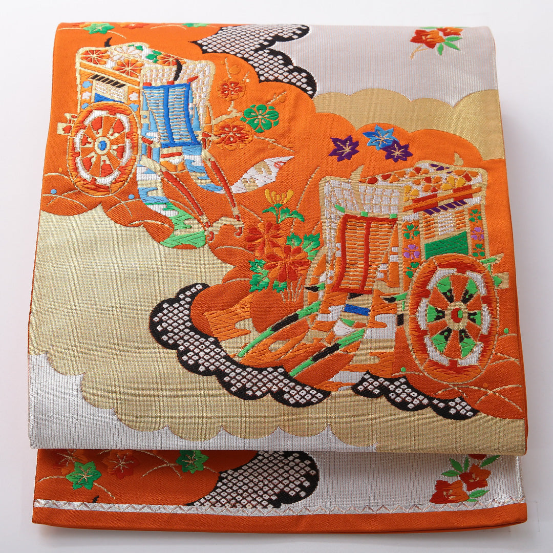 袋帯 帯丈436cm フォーマル 六通 Sランク 正絹 唐織 御所車 朱系 1223-02079