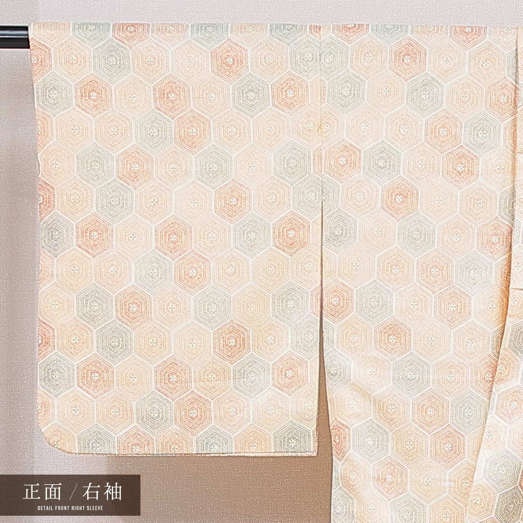 洗える着物 小紋 袷 身丈166cm 裄丈63cm ポリエステル Sランク インフォーマル 広衿 XLサイズ 亀甲 クリーム系 RP 1221-15787
