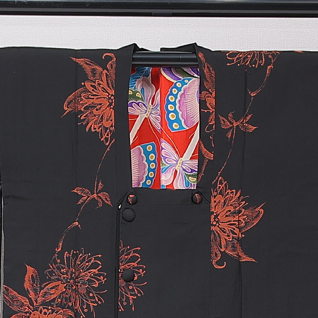 アンティーク 道行コート(お召) 袷 身丈88cm 裄丈62cm 正絹 Aランク Sサイズ ポケットあり 花柄 黒系 1263-16802