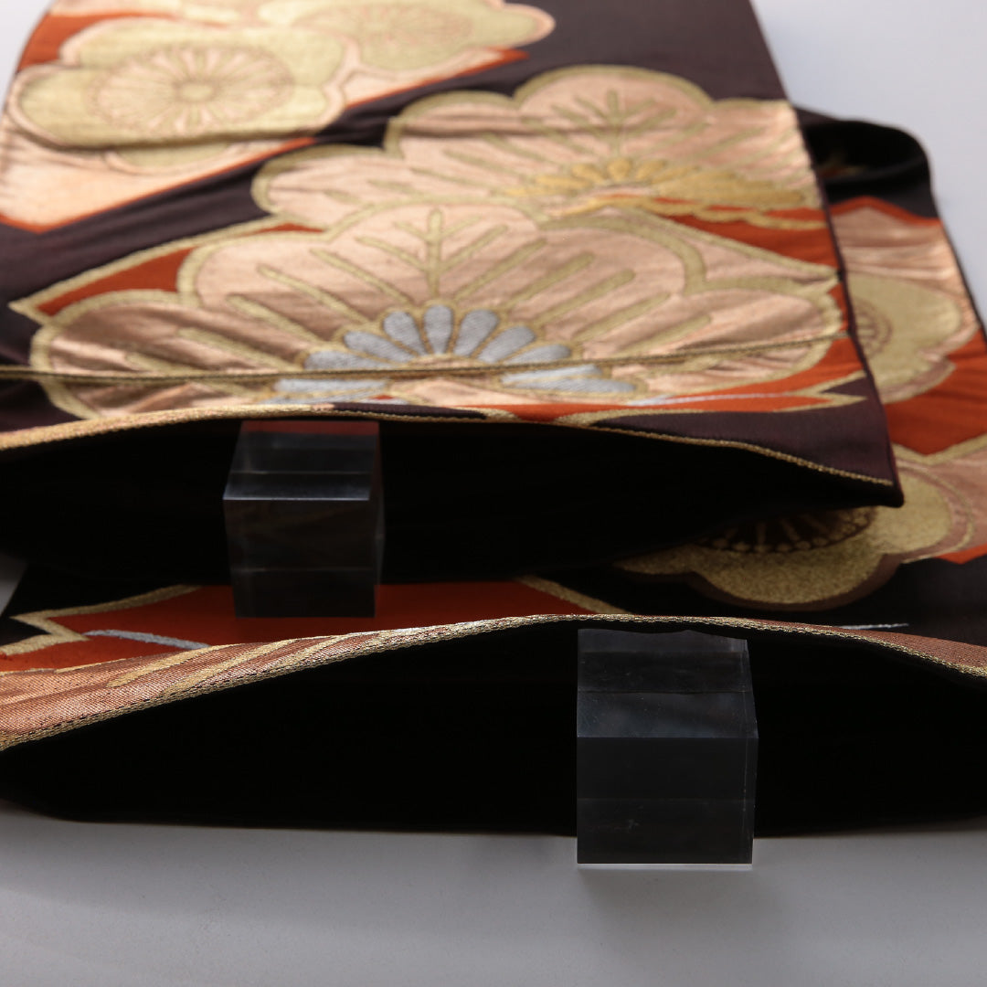 アンティーク 袋帯 帯丈416cm フォーマル 六通 未仕立て 帯芯なし Aランク 正絹 梅 笠松 茶系 1223-01974