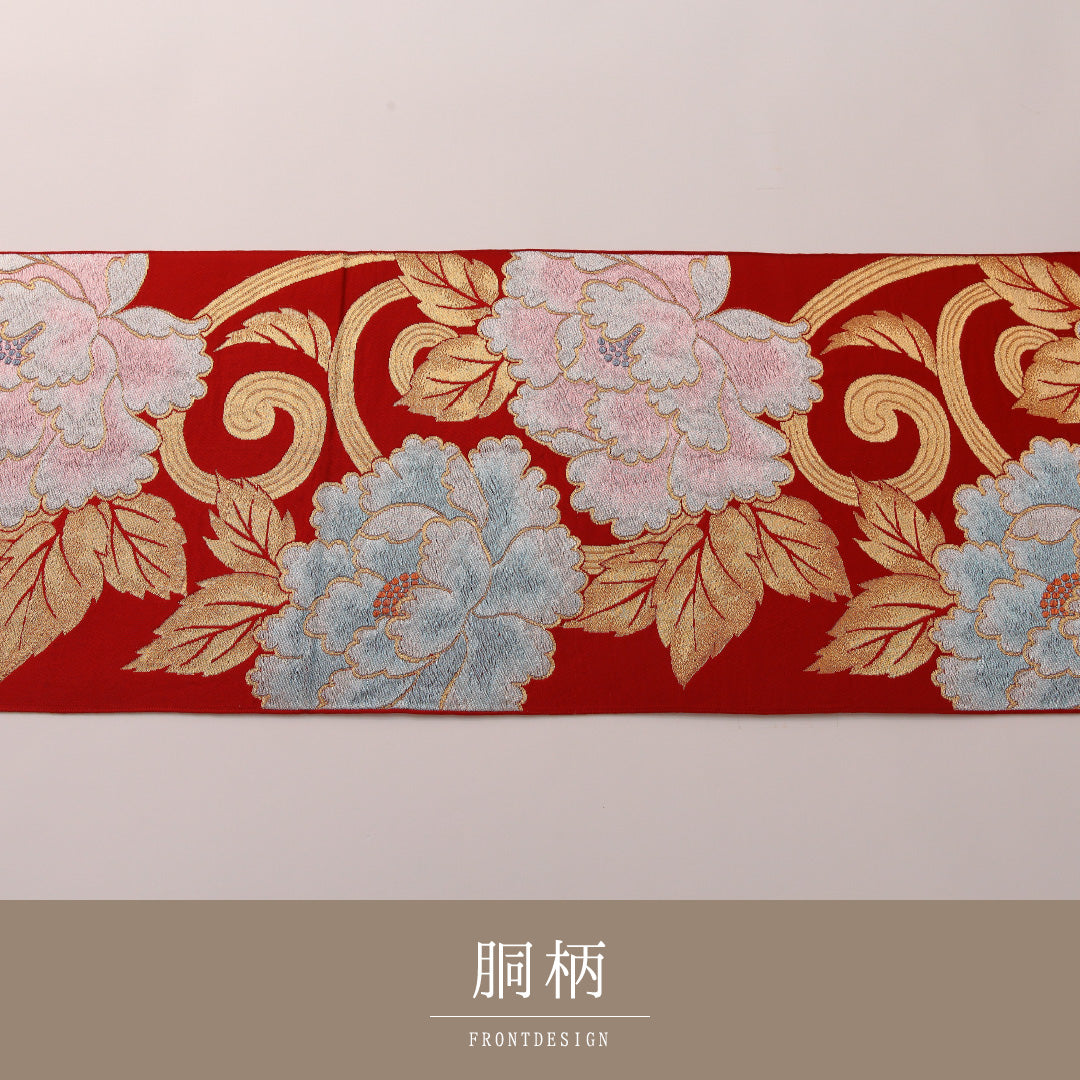 アンティーク 袋帯 帯丈424cm 六通 Aランク 正絹 唐草牡丹 赤系 金系 1223-01918