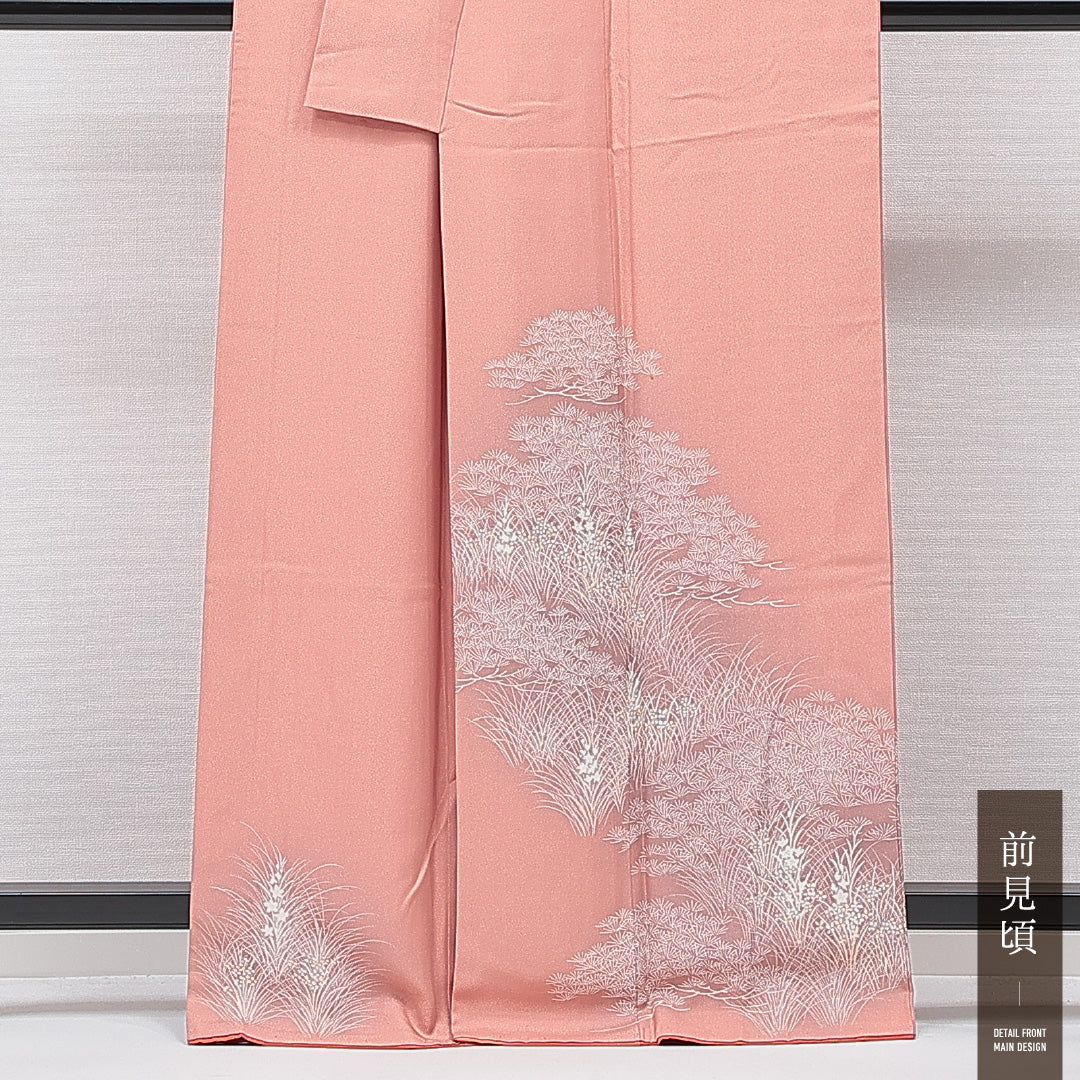 訪問着 袷 身丈164cm 裄丈63cm 正絹 Cランク セミフォーマル 広衿 Lサイズ 松 古典的 可愛らしい 朱系 RP 1217-15371