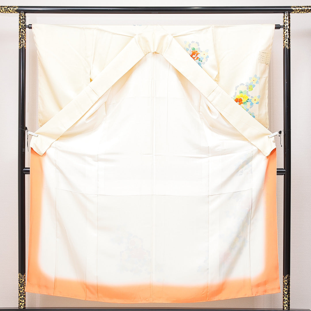 訪問着 袷 身丈156cm 裄丈64cm 正絹 Cランク セミフォーマル 広衿 Mサイズ 牡丹 黄系 HP 1217-15051