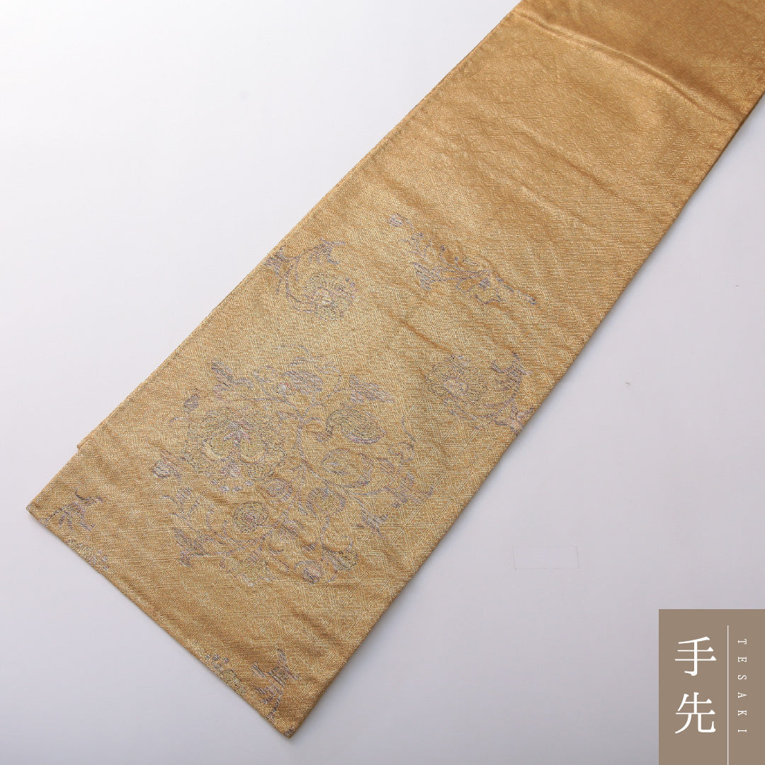 袋帯 帯丈436cm 正絹 六通 セミフォーマル 花鳥文 金系 1243-02012