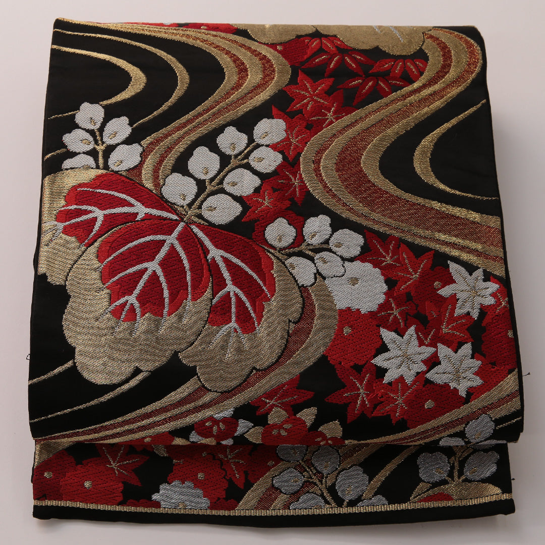 袋帯 帯丈404cm フォーマル 六通 Sランク 正絹 流水 桐 黒系 金系 1223-01895