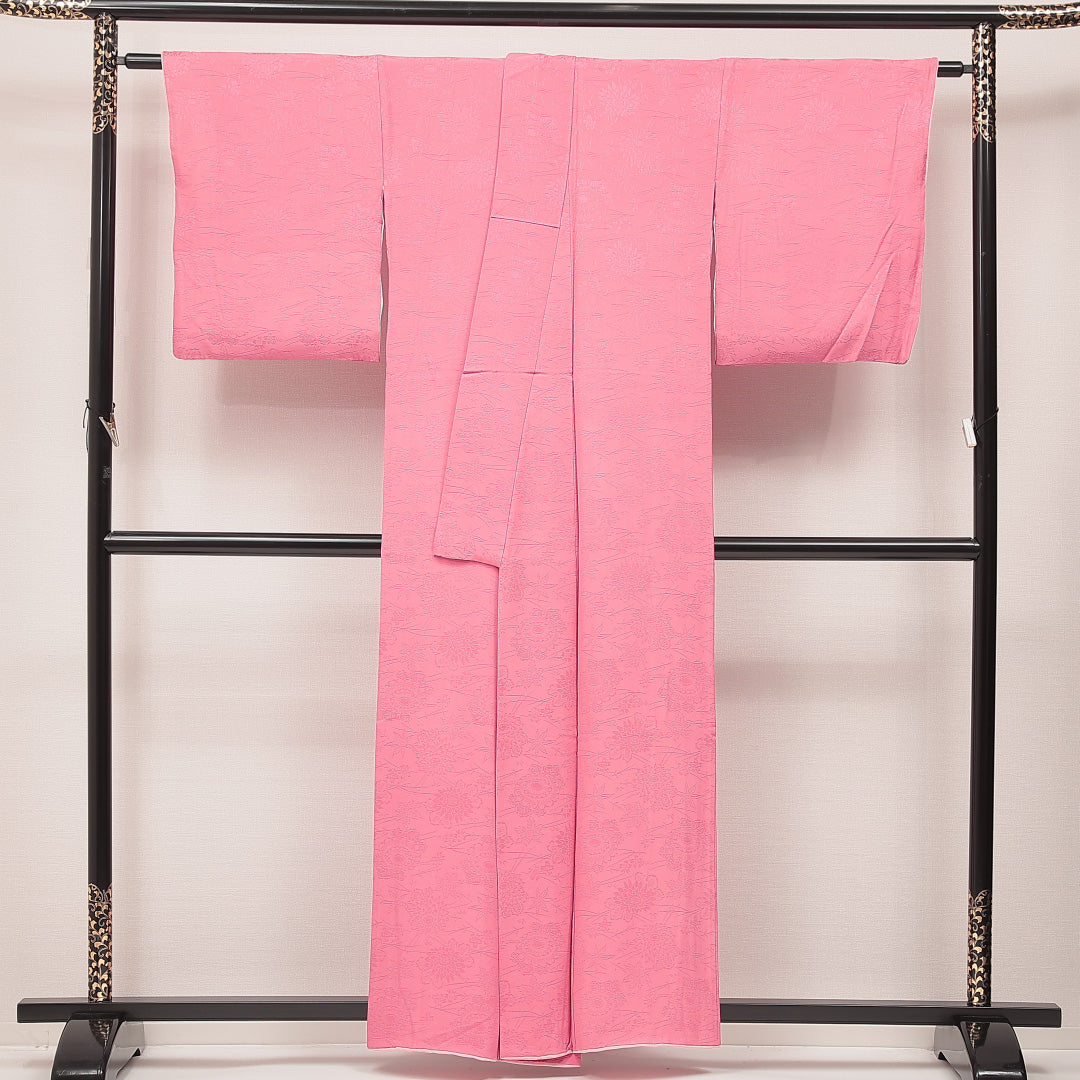 色無地 袷 身丈160cm 裄丈66cm 正絹 Sランク Lサイズ 広衿 インフォーマル 紋意匠 桜 ピンク系 1214-16894