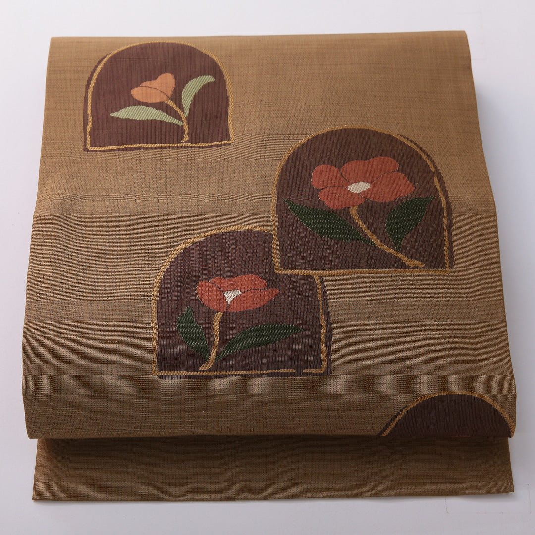 九寸名古屋帯 帯丈353cm カジュアル 名古屋仕立て ポイント柄 Aランク 正絹 チューリップ ベージュ系 1224-03623