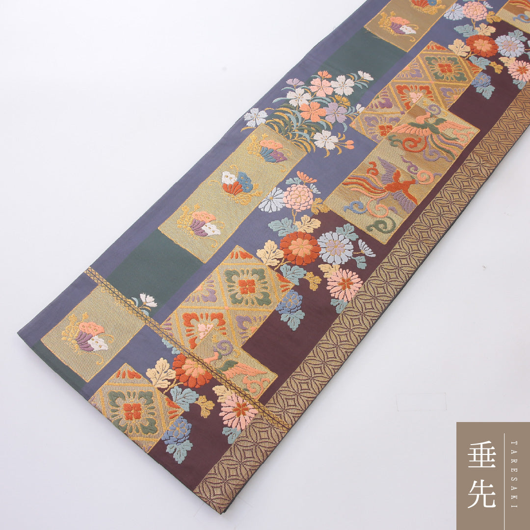 袋帯 帯丈432cm 正絹 六通 帯芯なし フォーマル 裂取り 鳳凰 吉祥文様 グレー系 1243-02202
