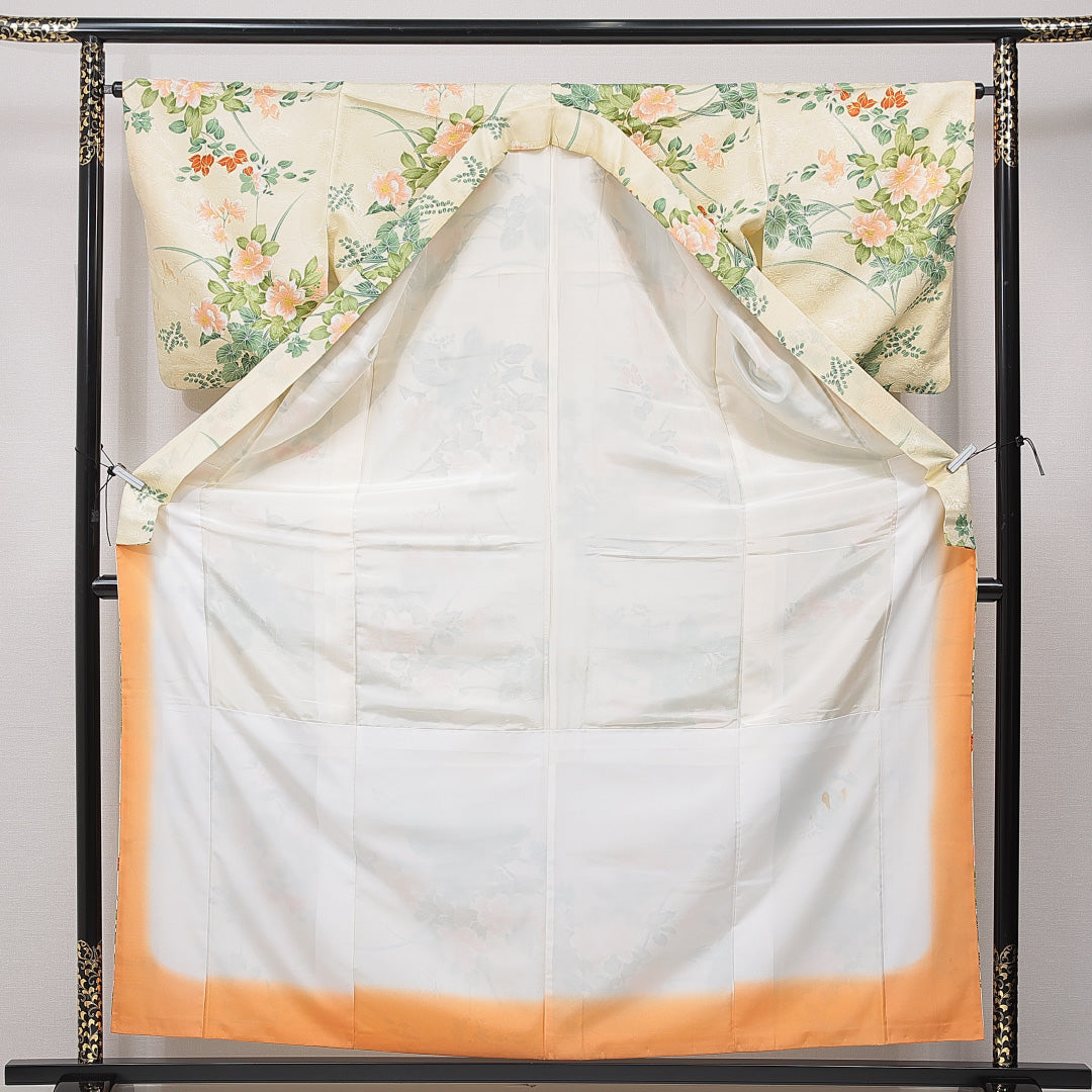 小紋 洗える着物 袷 身丈160cm 裄丈64cm ポリエステル Cランク Lサイズ バチ衿 インフォーマル 椿 クリーム系 1215-15839