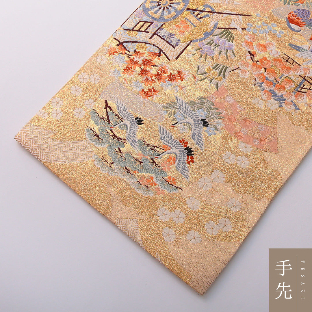 袋帯 帯丈426cm フォーマル 六通 Sランク 正絹 花車 金系 1223-01979