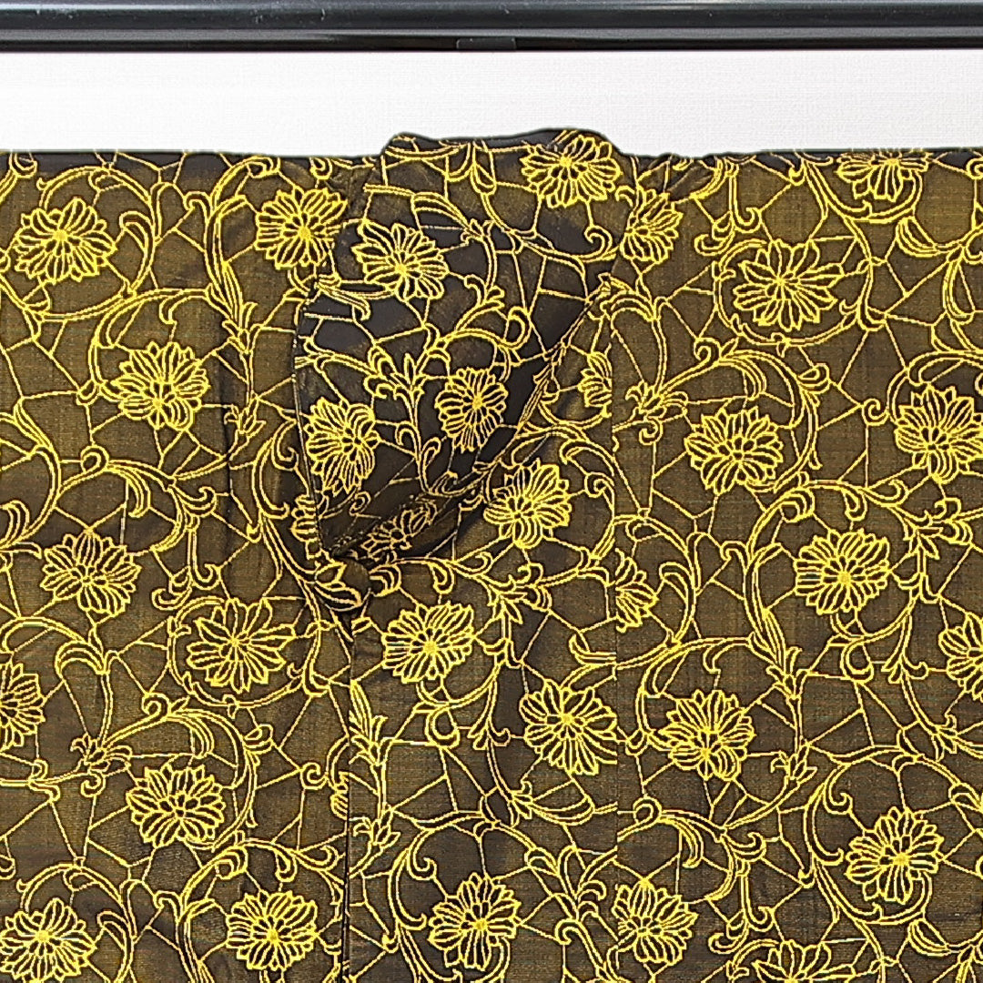 道中着 袷 身丈87cm 裄丈65cm 正絹 Dランク セミフォーマル バチ衿 Mサイズ 唐菊 黒系 HP 1236-15161