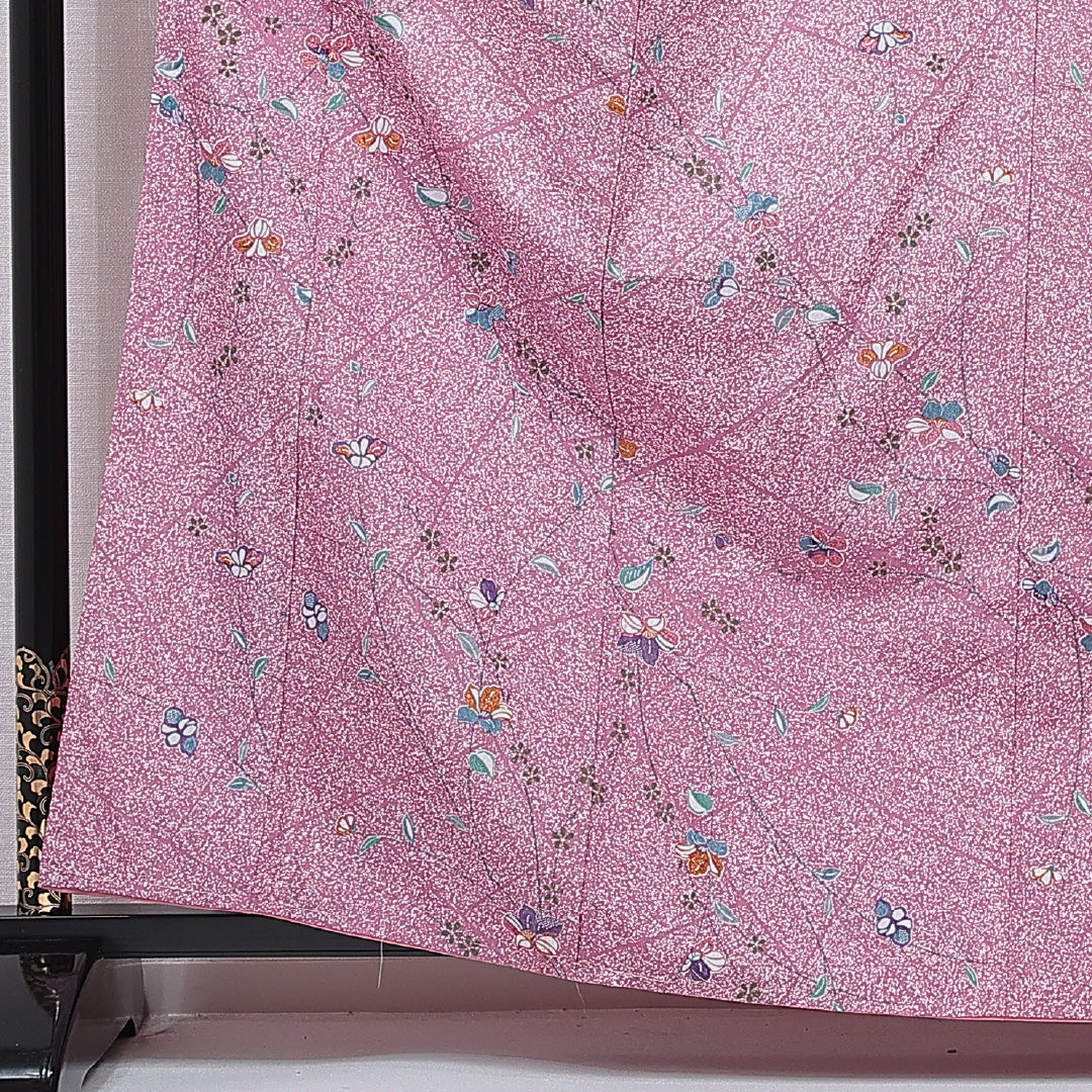 小紋 洗える着物 袷 身丈163cm 裄丈66cm ポリエステル Aランク Lサイズ 広衿 インフォーマル 桜 ピンク系 1215-15795